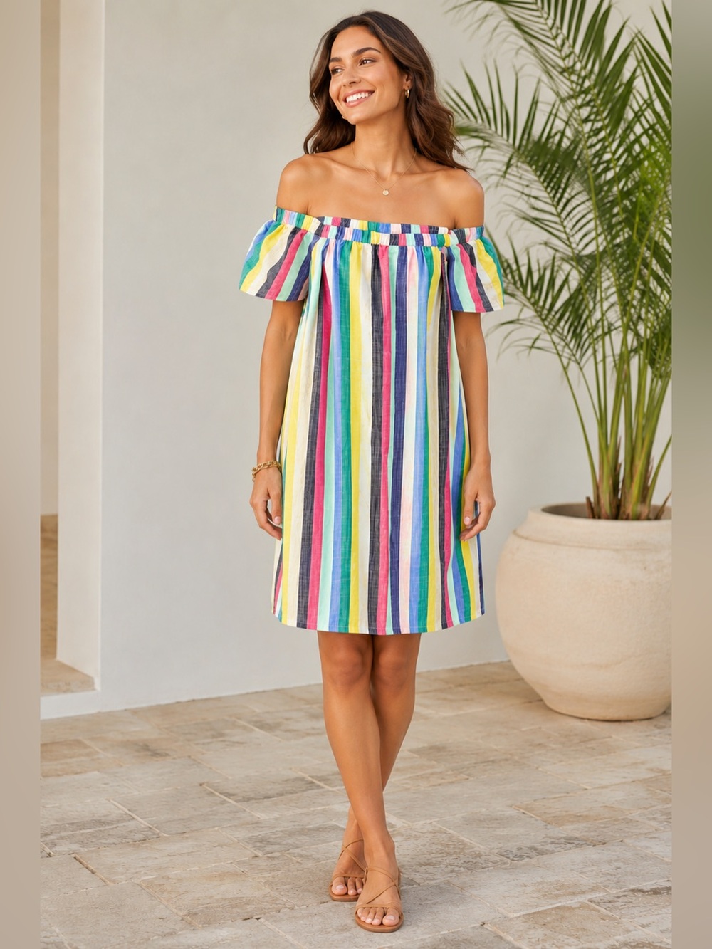 J.Crew Rainbow Stripe Dress Size 0 Cotton Off Shoulder Ruffle Beach Resort